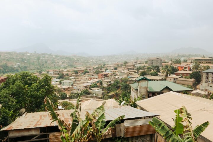 city houses under the thick fog