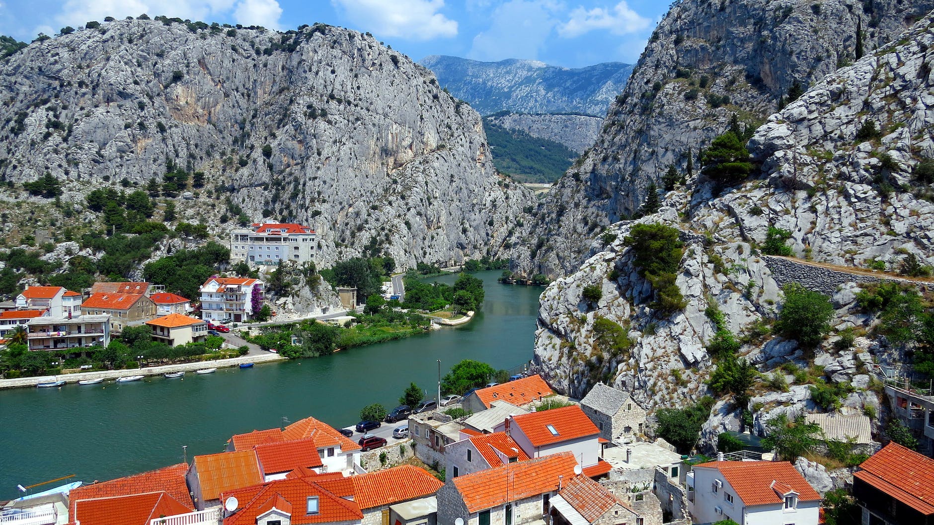 overhead view of town with orange roofs