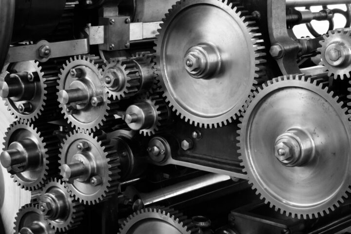 gray scale photo of gears